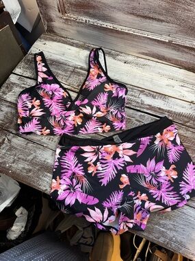 Black Floral Print Bra Top & Swim Shorts Set - Pink & Orange Tropical
